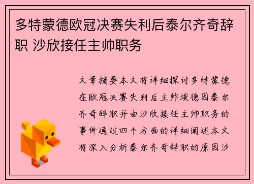 多特蒙德欧冠决赛失利后泰尔齐奇辞职 沙欣接任主帅职务 多特蒙德欧冠决赛失利后泰尔齐奇辞职 沙欣接任主帅职务